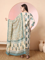 Yufta Cream Pure Cotton Block Print,Sequins_Work Kurta Set With Pant & Dupatta