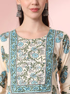 Yufta Cream Pure Cotton Block Print,Sequins_Work Kurta Set With Pant & Dupatta