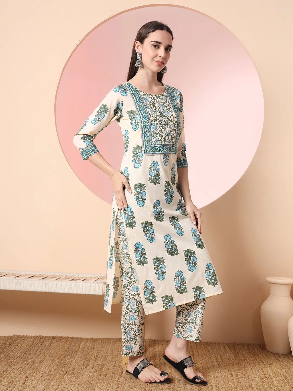 Yufta Cream Pure Cotton Block Print,Sequins_Work Kurta Set With Pant & Dupatta