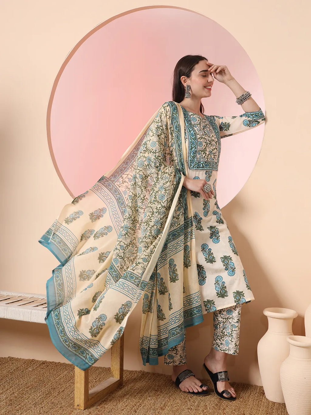 Yufta Cream Pure Cotton Block Print,Sequins_Work Kurta Set With Pant & Dupatta