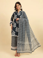 Yufta Pure Cotton Pakistani Style Kurta Set With Pant & Dupatta With Lace Detailing - Distacart