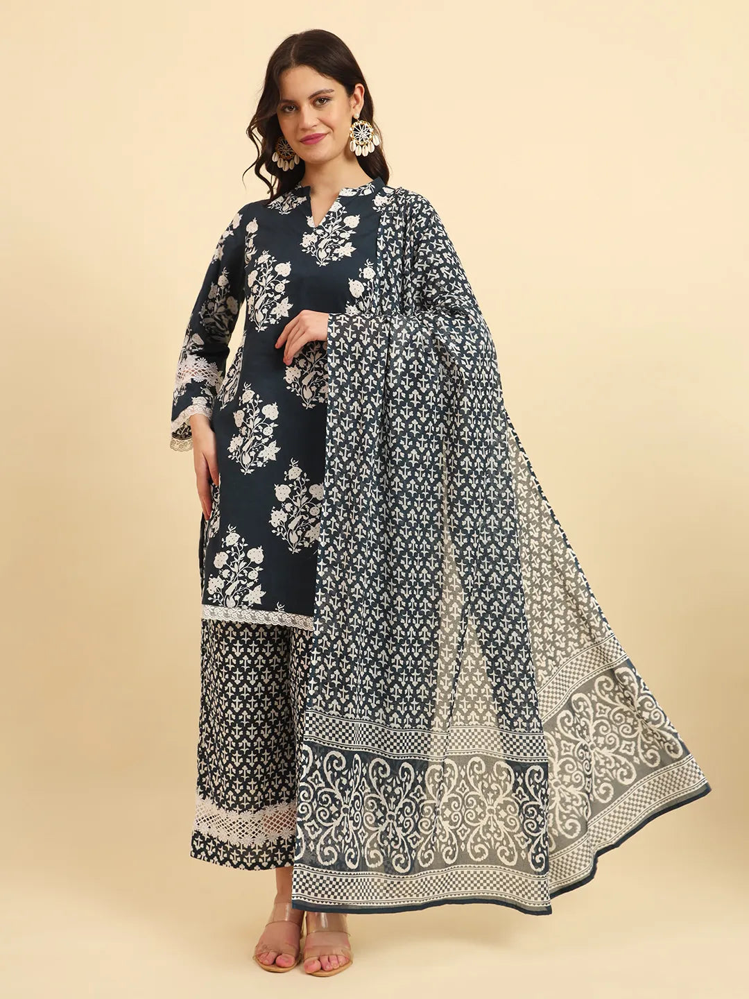 Yufta Pure Cotton Pakistani Style Kurta Set With Pant & Dupatta With Lace Detailing - Distacart
