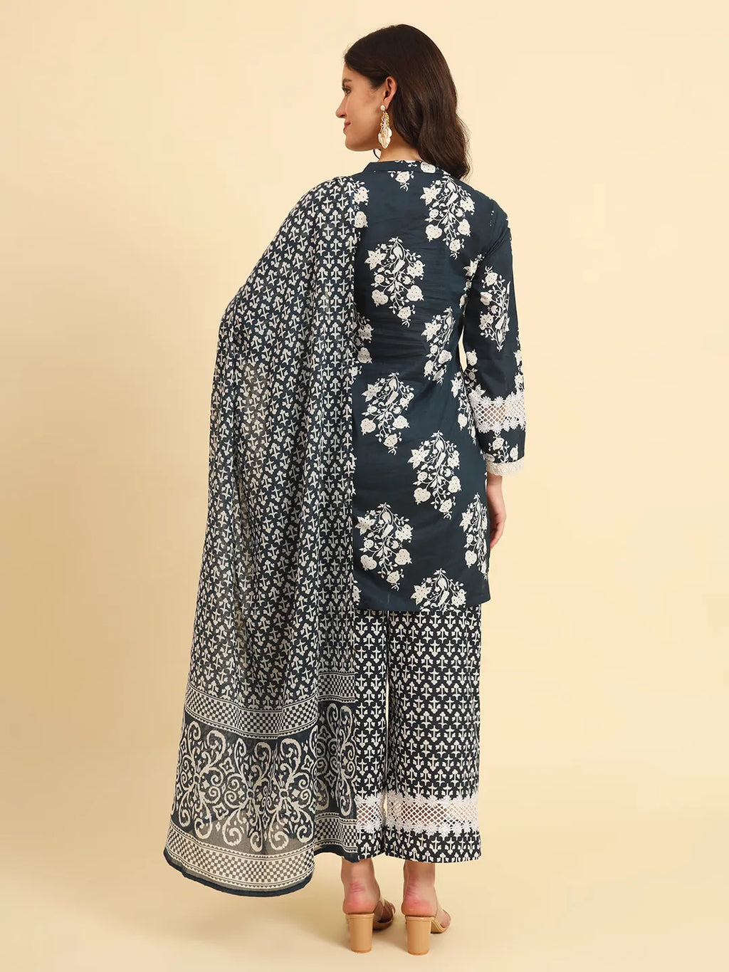 Yufta Pure Cotton Pakistani Style Kurta Set With Pant & Dupatta With Lace Detailing - Distacart