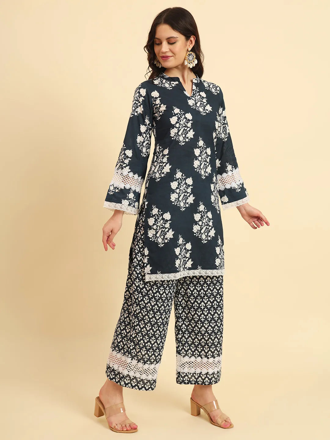 Yufta Pure Cotton Pakistani Style Kurta Set With Pant & Dupatta With Lace Detailing - Distacart