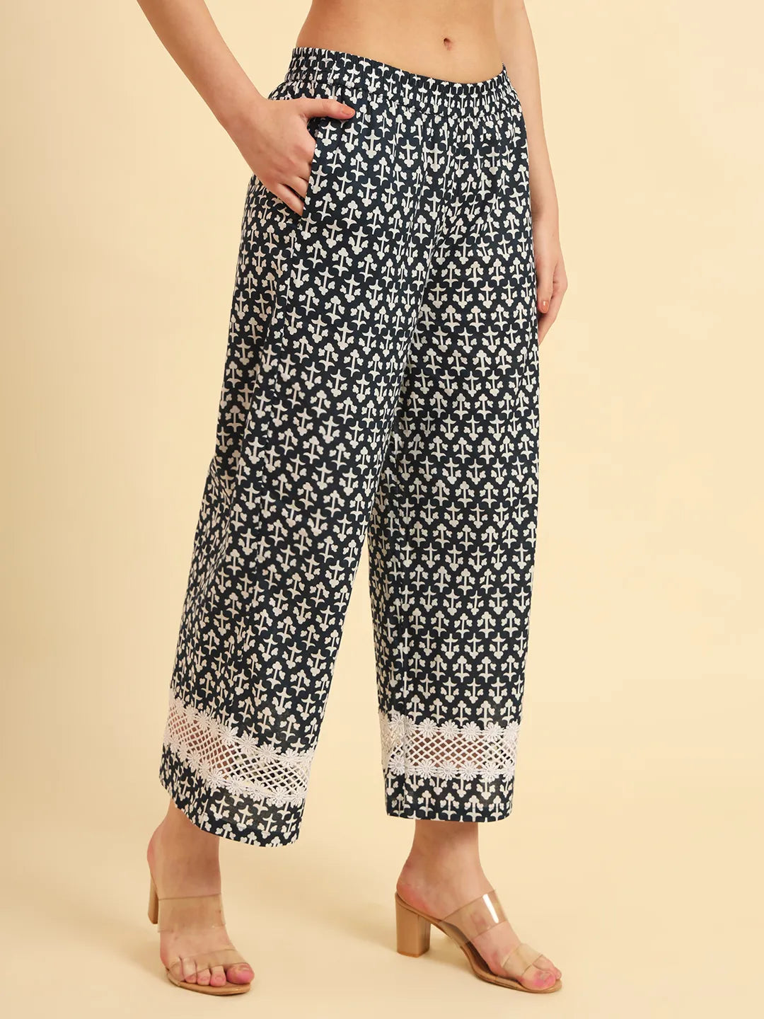 Yufta Pure Cotton Pakistani Style Kurta Set With Pant & Dupatta With Lace Detailing - Distacart