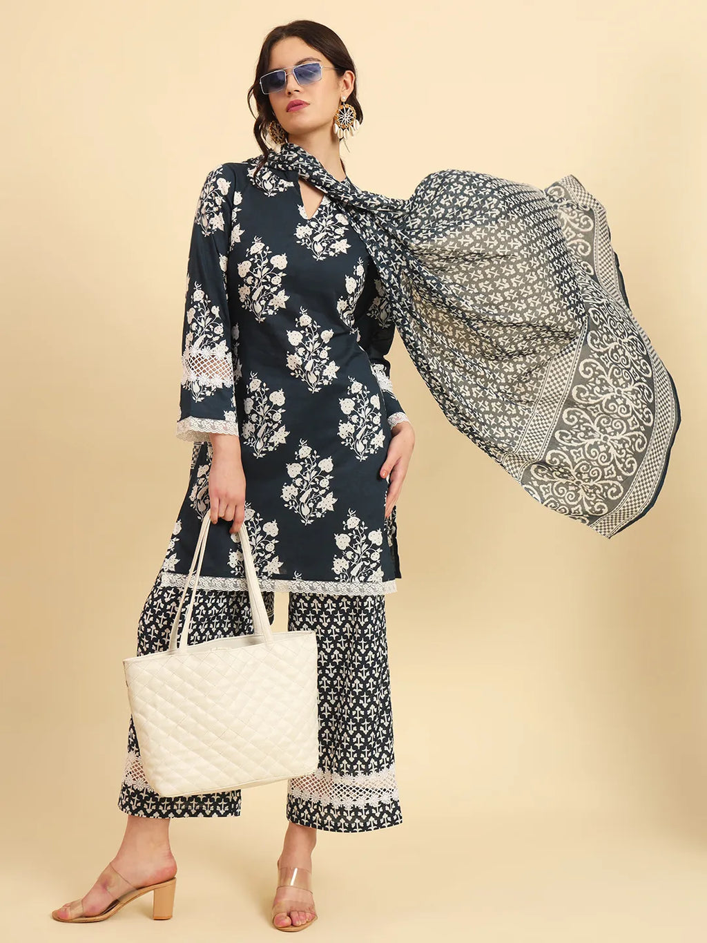 Yufta Pure Cotton Pakistani Style Kurta Set With Pant & Dupatta With Lace Detailing - Distacart