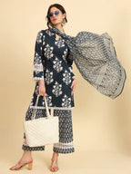 Yufta Pure Cotton Pakistani Style Kurta Set With Pant & Dupatta With Lace Detailing - Distacart