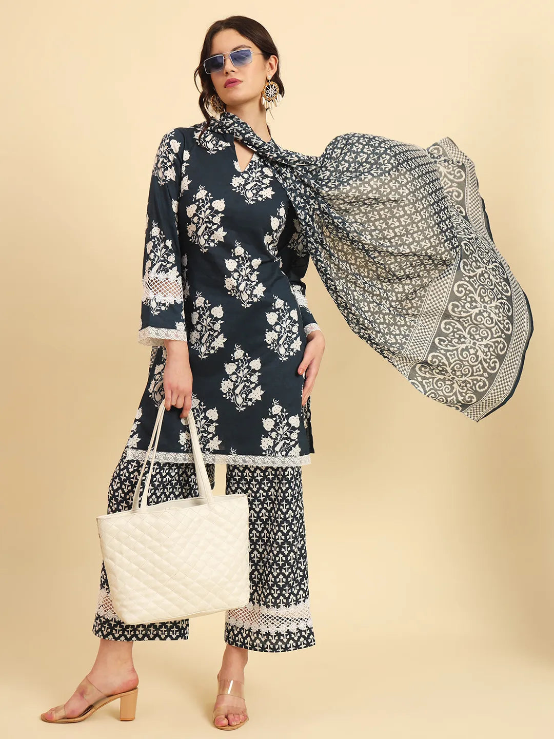 Yufta Pure Cotton Pakistani Style Kurta Set With Pant & Dupatta With Lace Detailing - Distacart