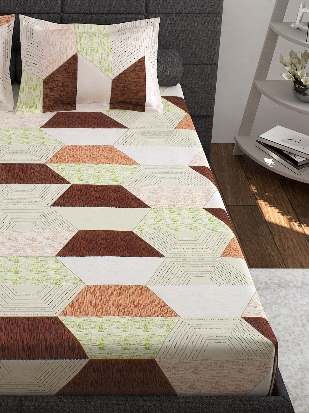 Story@home Cream-Coloured Geometric 152 TC Cotton 1 Queen Bedsheet with 2 Pillow Covers - Distacart