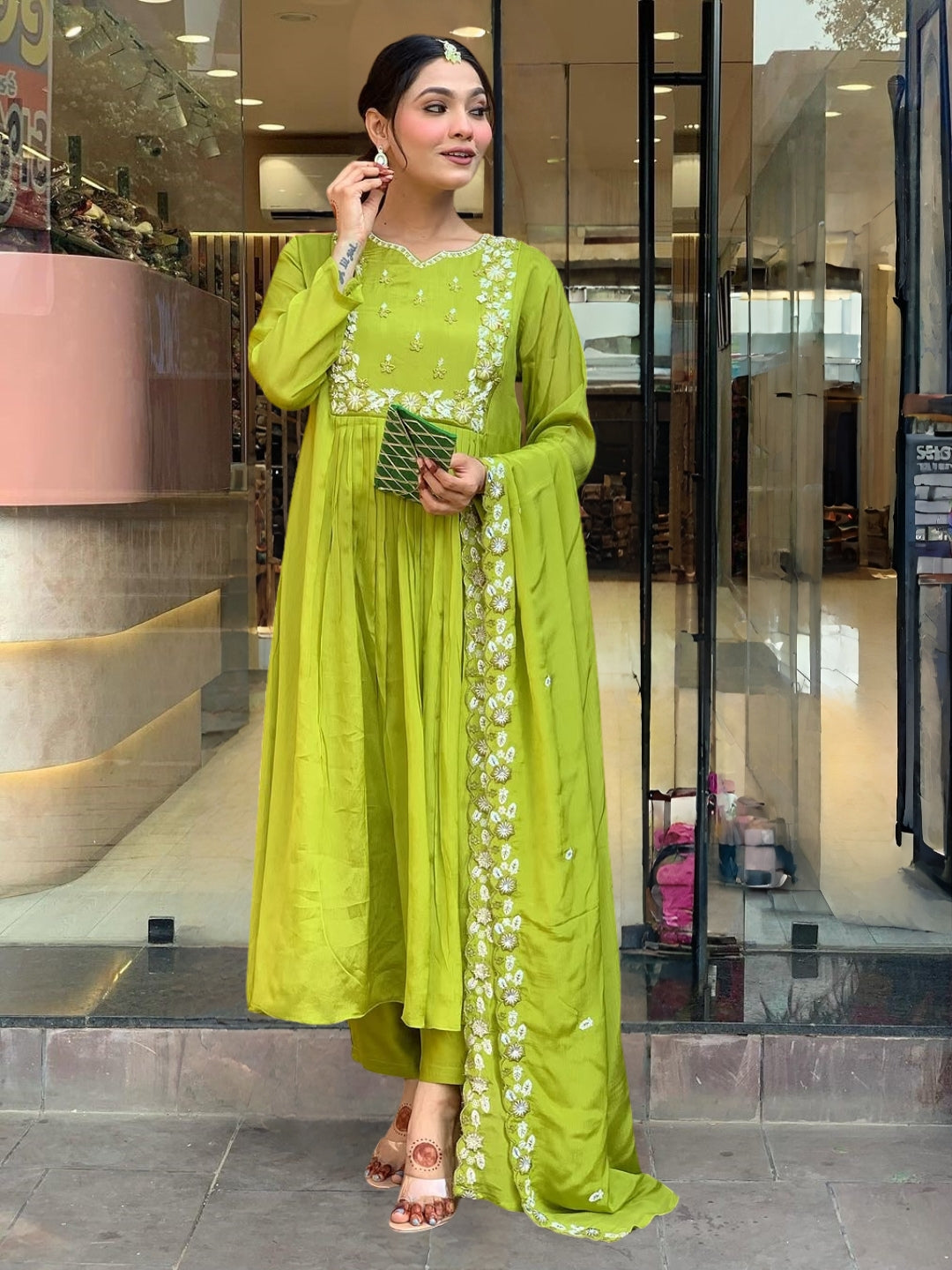 The52 Embroidered Chinon Fabric Straight Kurta, Pant and Dupatta Set - Distacart