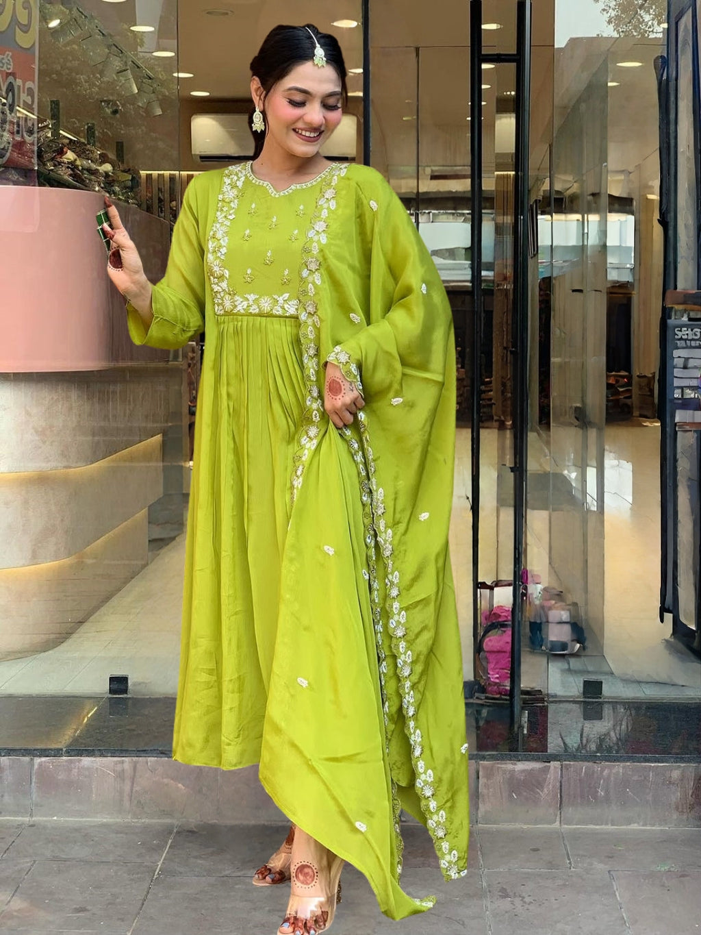 The52 Embroidered Chinon Fabric Straight Kurta, Pant and Dupatta Set - Distacart