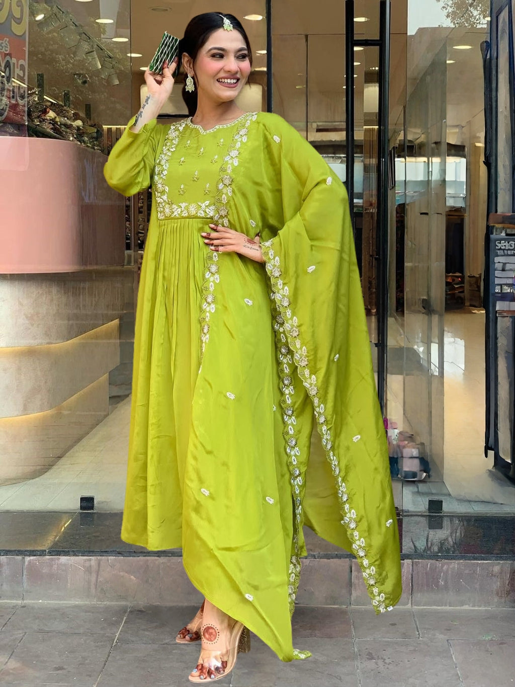 The52 Embroidered Chinon Fabric Straight Kurta, Pant and Dupatta Set - Distacart
