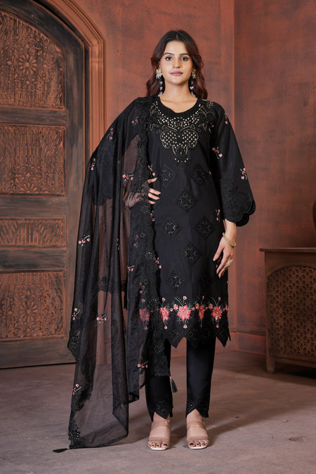 Pramukh Fab Black Color Viscose Roman Kurta Set