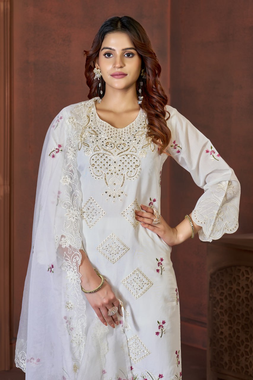 Pramukh Fab White Color Viscose Roman Kurta Set - Distacart