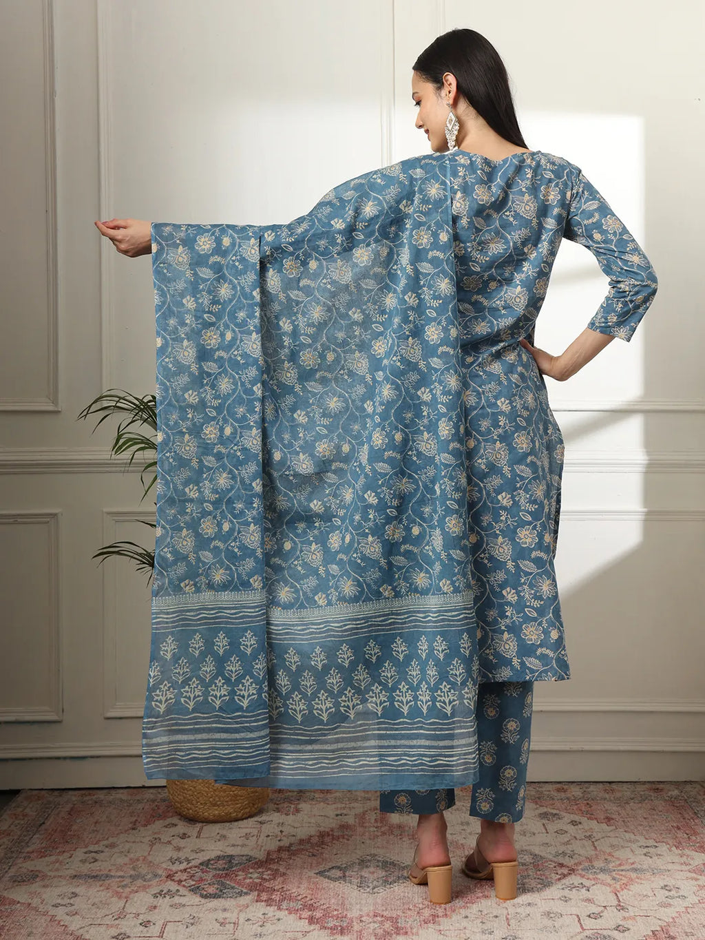 Yufta Pure Cotton Straight Blue Kurta Dupatta Set - Distacart