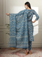 Yufta Pure Cotton Straight Blue Kurta Dupatta Set - Distacart