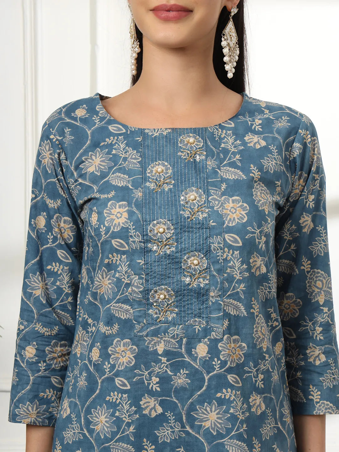 Yufta Pure Cotton Straight Blue Kurta Dupatta Set - Distacart