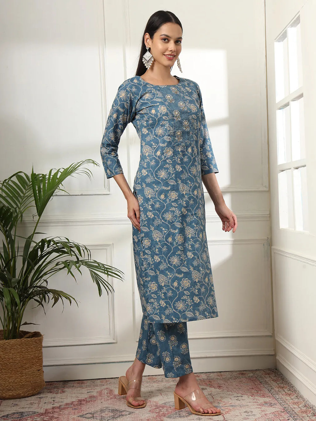Yufta Pure Cotton Straight Blue Kurta Dupatta Set - Distacart