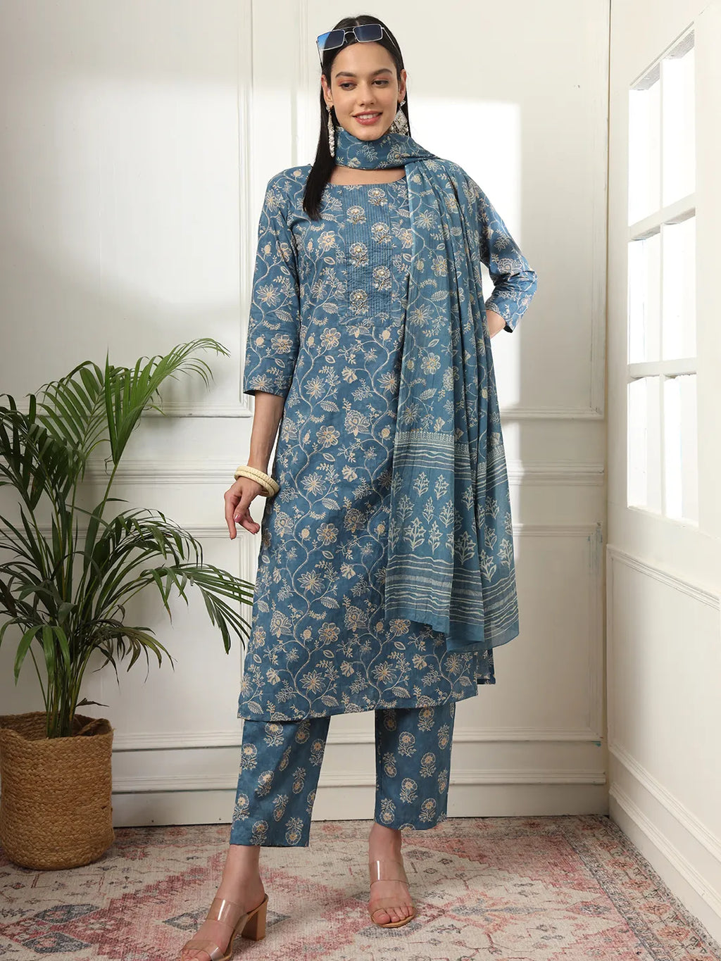 Yufta Pure Cotton Straight Blue Kurta Dupatta Set - Distacart