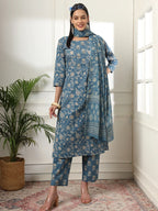 Yufta Pure Cotton Straight Blue Kurta Dupatta Set - Distacart
