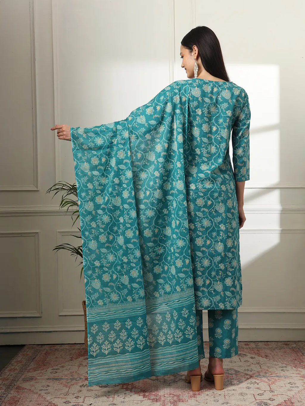 Yufta Cotton Straight Turquoise Blue Kurta Dupatta Set - Distacart