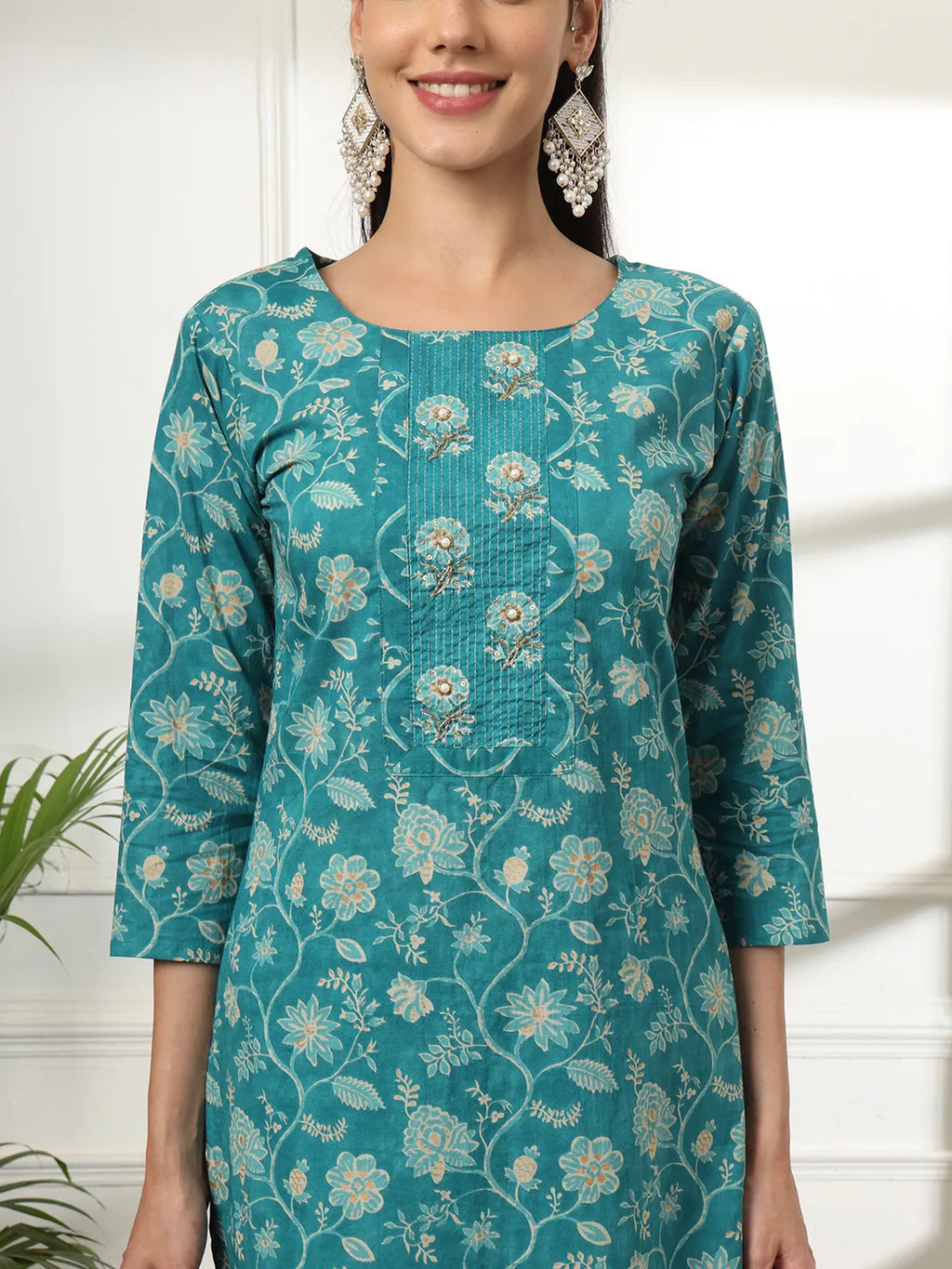 Yufta Cotton Straight Turquoise Blue Kurta Dupatta Set - Distacart