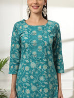 Yufta Cotton Straight Turquoise Blue Kurta Dupatta Set - Distacart
