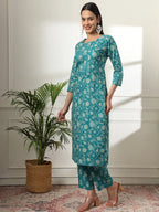 Yufta Cotton Straight Turquoise Blue Kurta Dupatta Set - Distacart