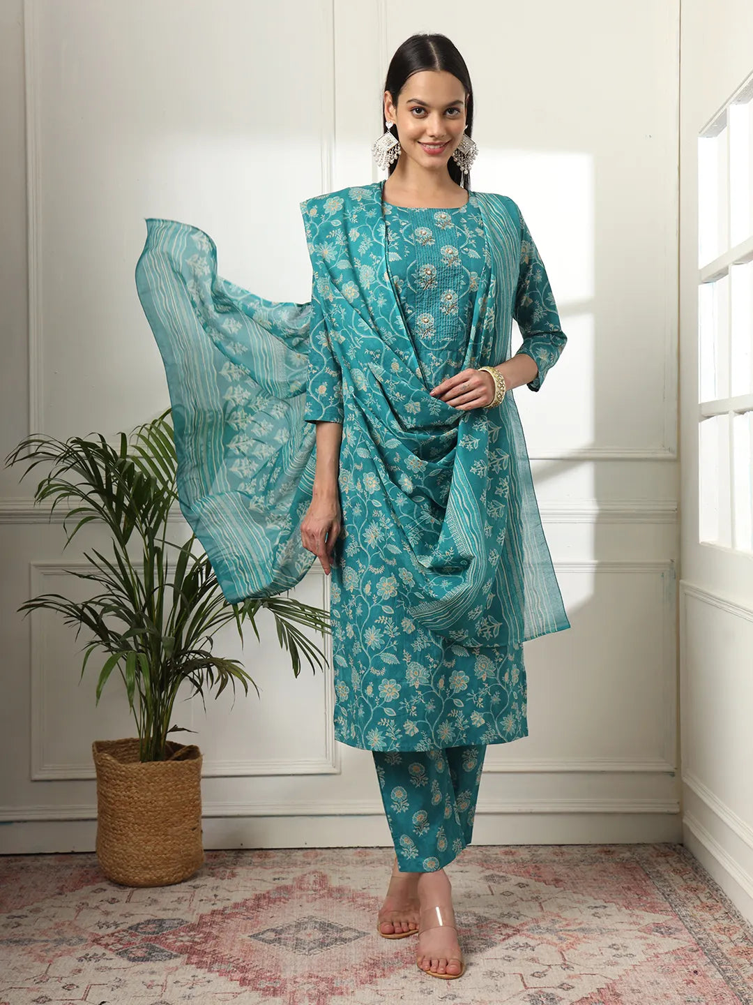 Yufta Cotton Straight Turquoise Blue Kurta Dupatta Set - Distacart