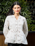 Yufta Brown And White Cotton Linen Flare Shirt Style Top