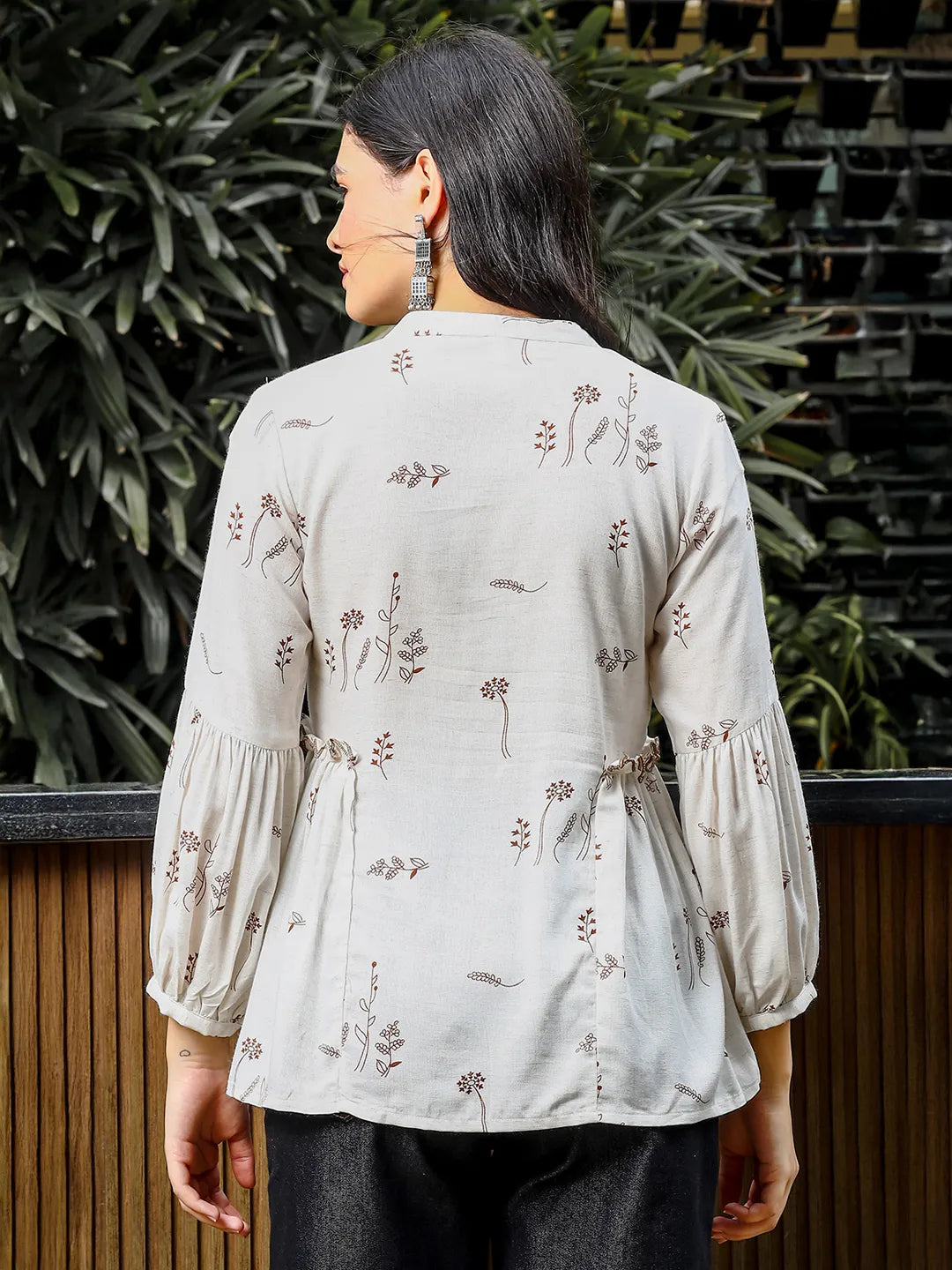 Yufta Brown And White Cotton Linen Flare Shirt Style Top