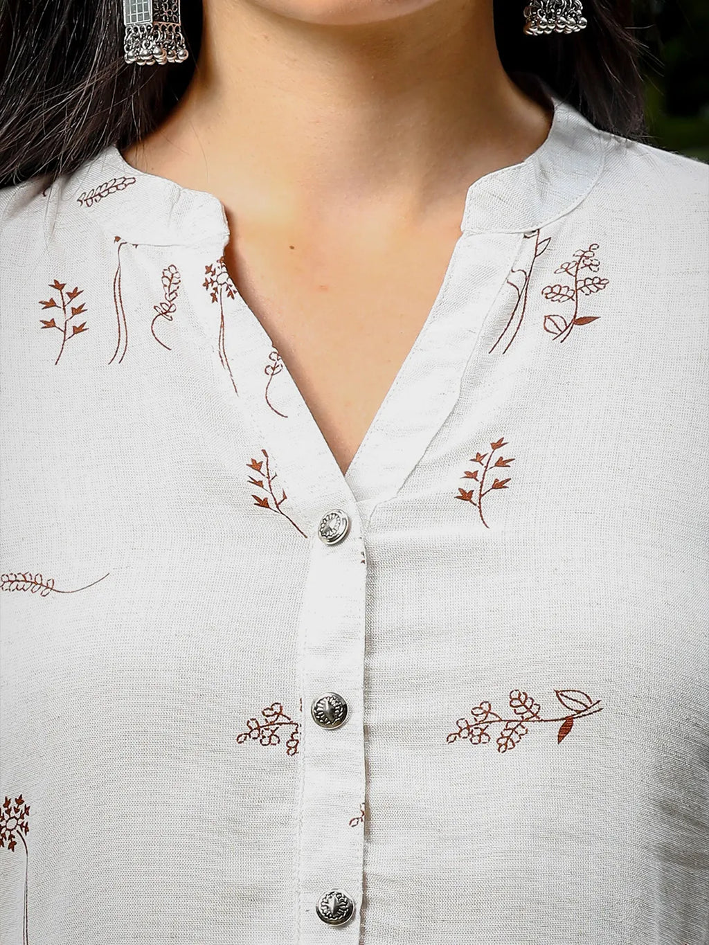 Yufta Brown And White Cotton Linen Flare Shirt Style Top
