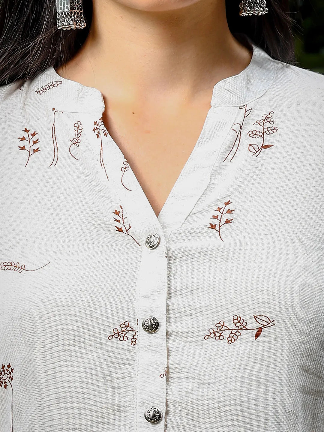 Yufta Brown And White Cotton Linen Flare Shirt Style Top