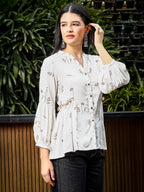 Yufta Brown And White Cotton Linen Flare Shirt Style Top