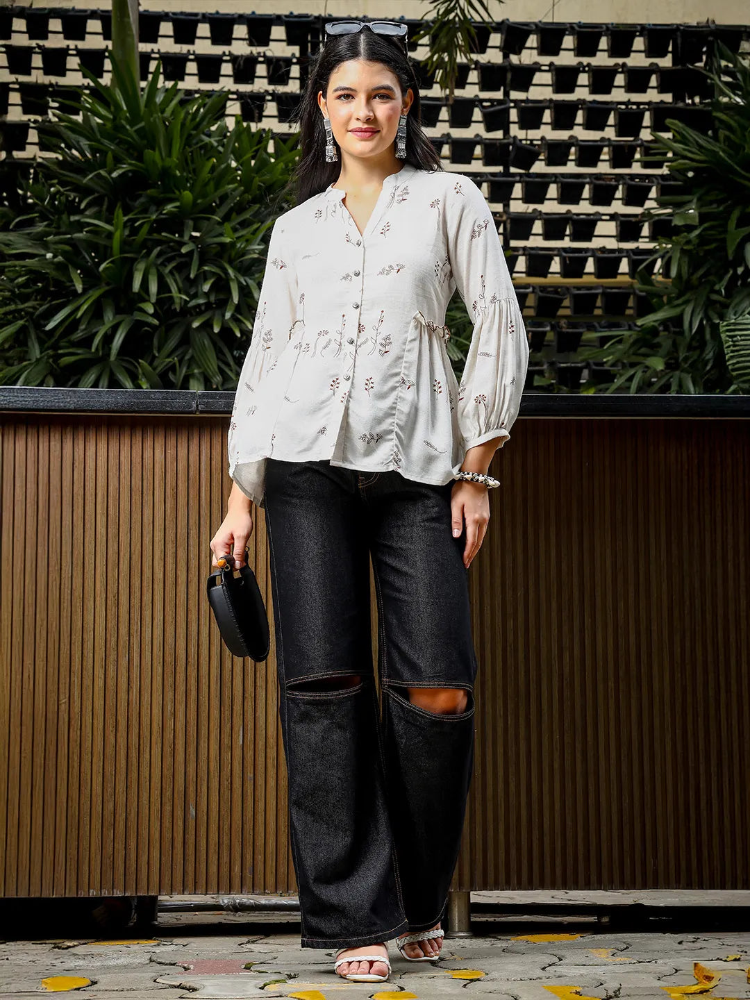 Yufta Brown And White Cotton Linen Flare Shirt Style Top