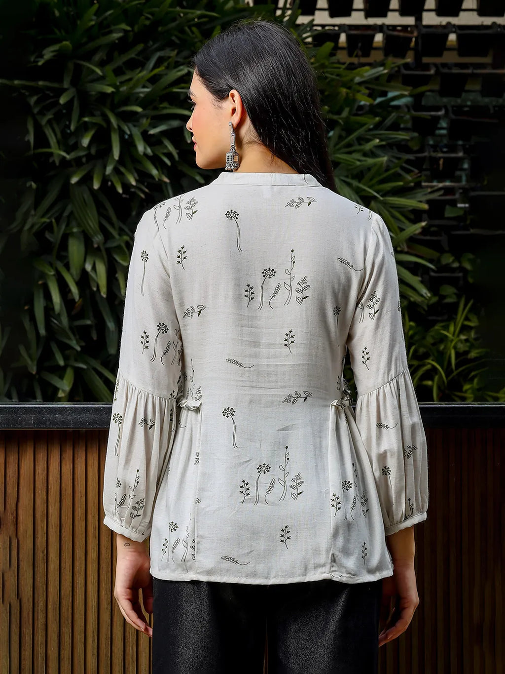 Yufta Green And White Cotton Linen Flare Shirt Style Top