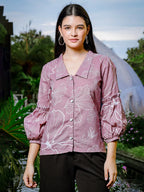 Yufta Mauve Cotton Linen Puff Sleeve Shirt Shirt Style Top