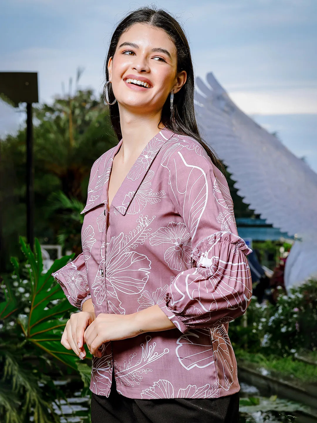 Yufta Mauve Cotton Linen Puff Sleeve Shirt Shirt Style Top