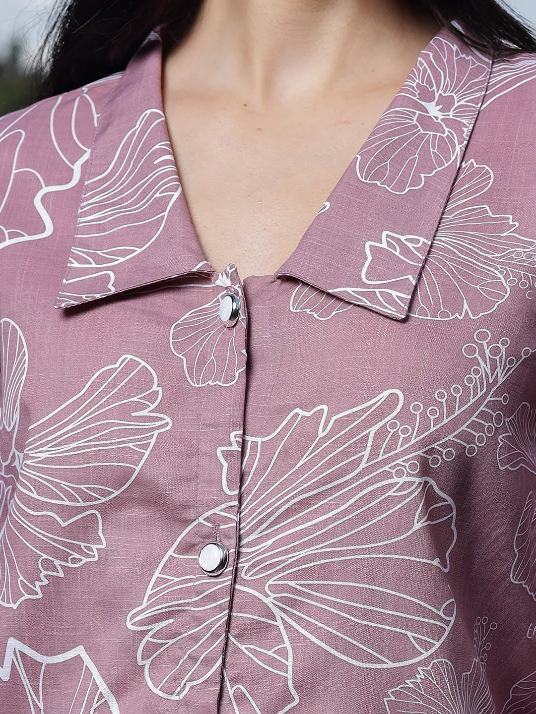 Yufta Mauve Cotton Linen Puff Sleeve Shirt Shirt Style Top