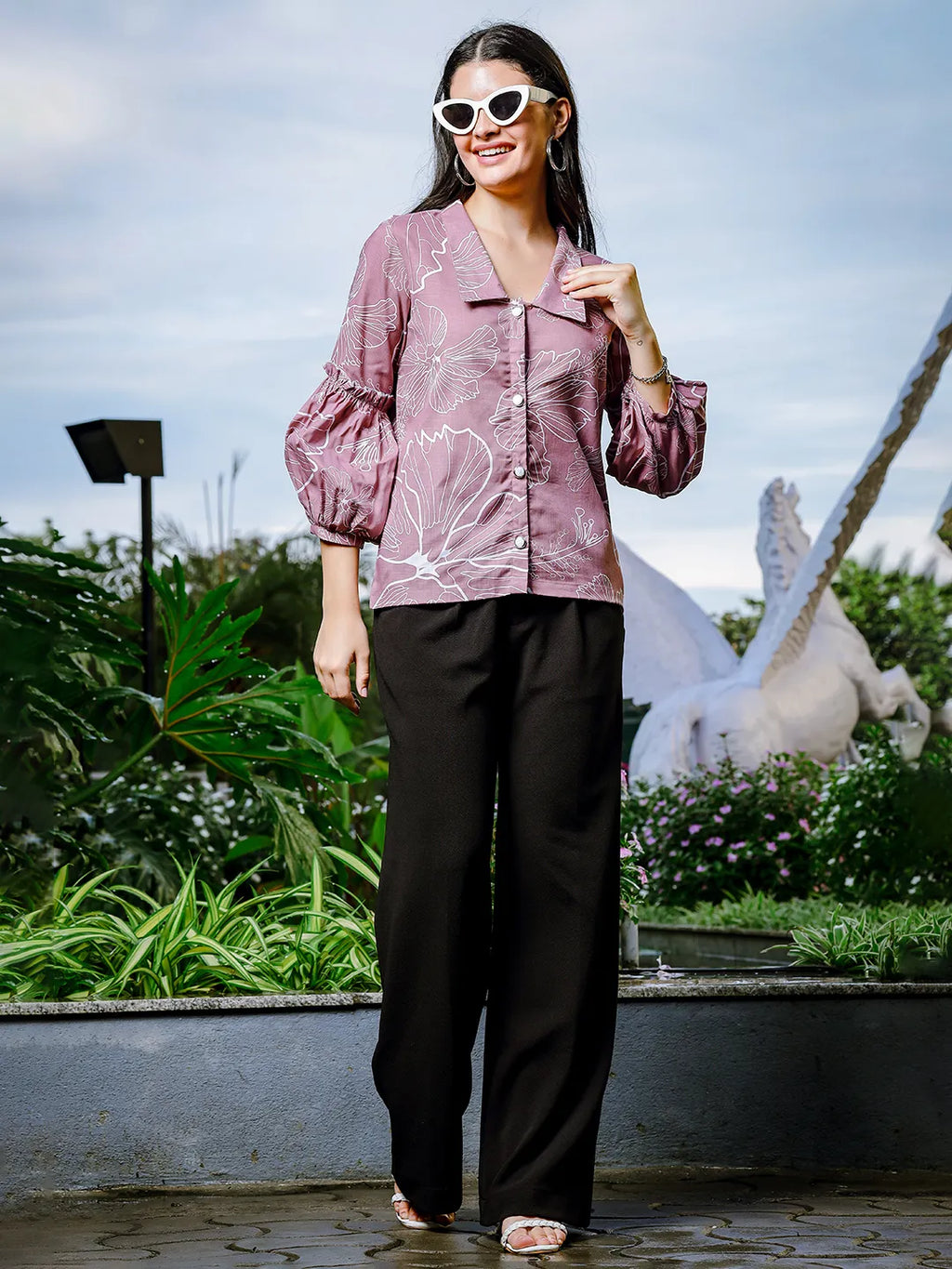 Yufta Mauve Cotton Linen Puff Sleeve Shirt Shirt Style Top