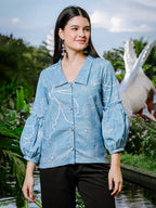 Yufta Sky Blue Cotton Linen Puff Sleeve Shirt Style Top