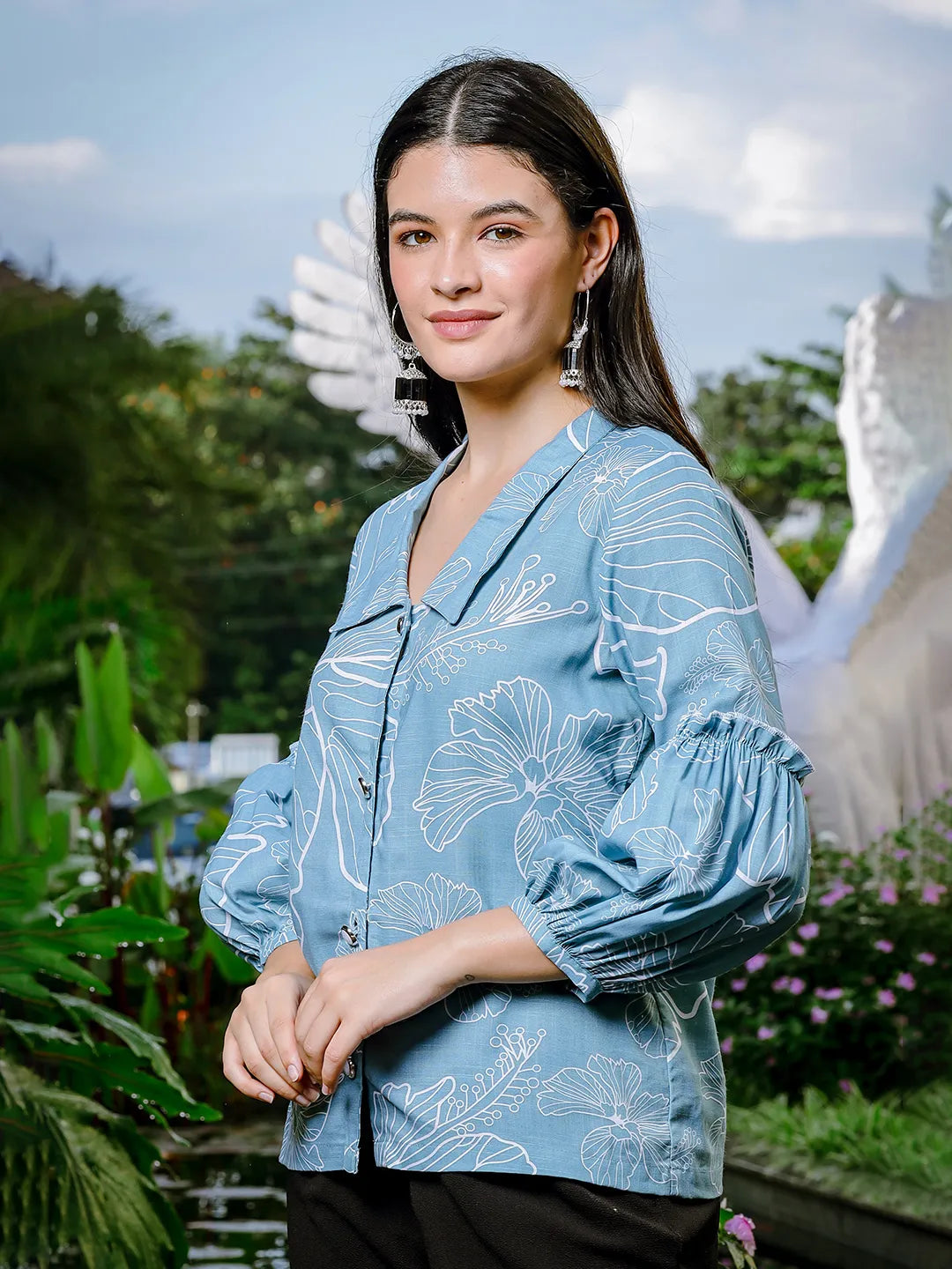 Yufta Sky Blue Cotton Linen Puff Sleeve Shirt Style Top