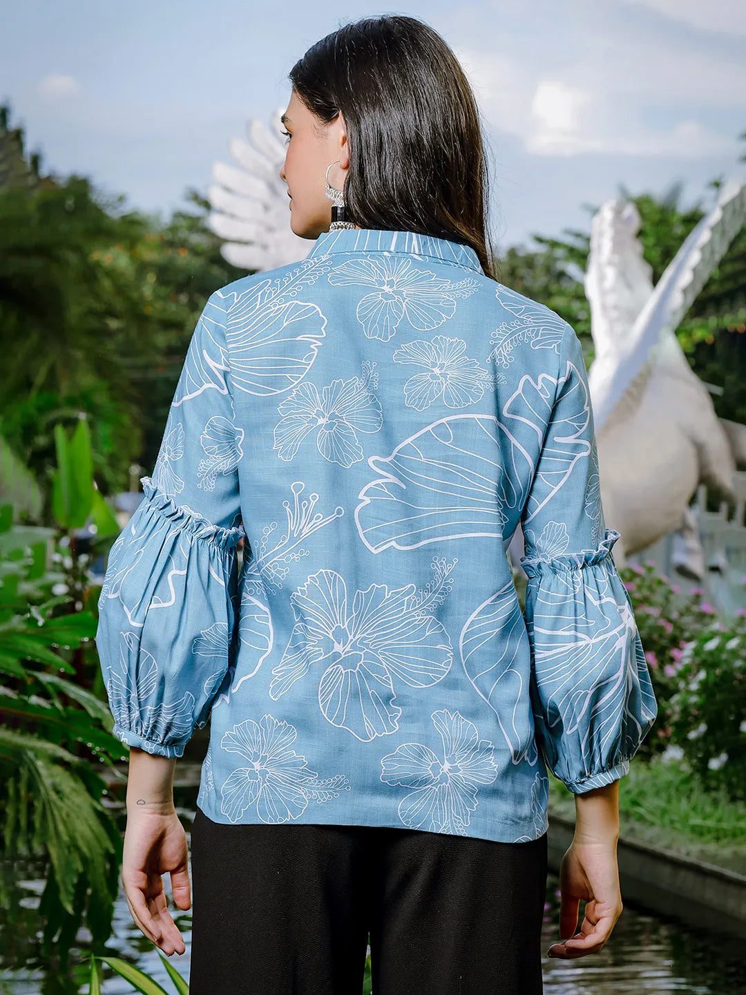 Yufta Sky Blue Cotton Linen Puff Sleeve Shirt Style Top