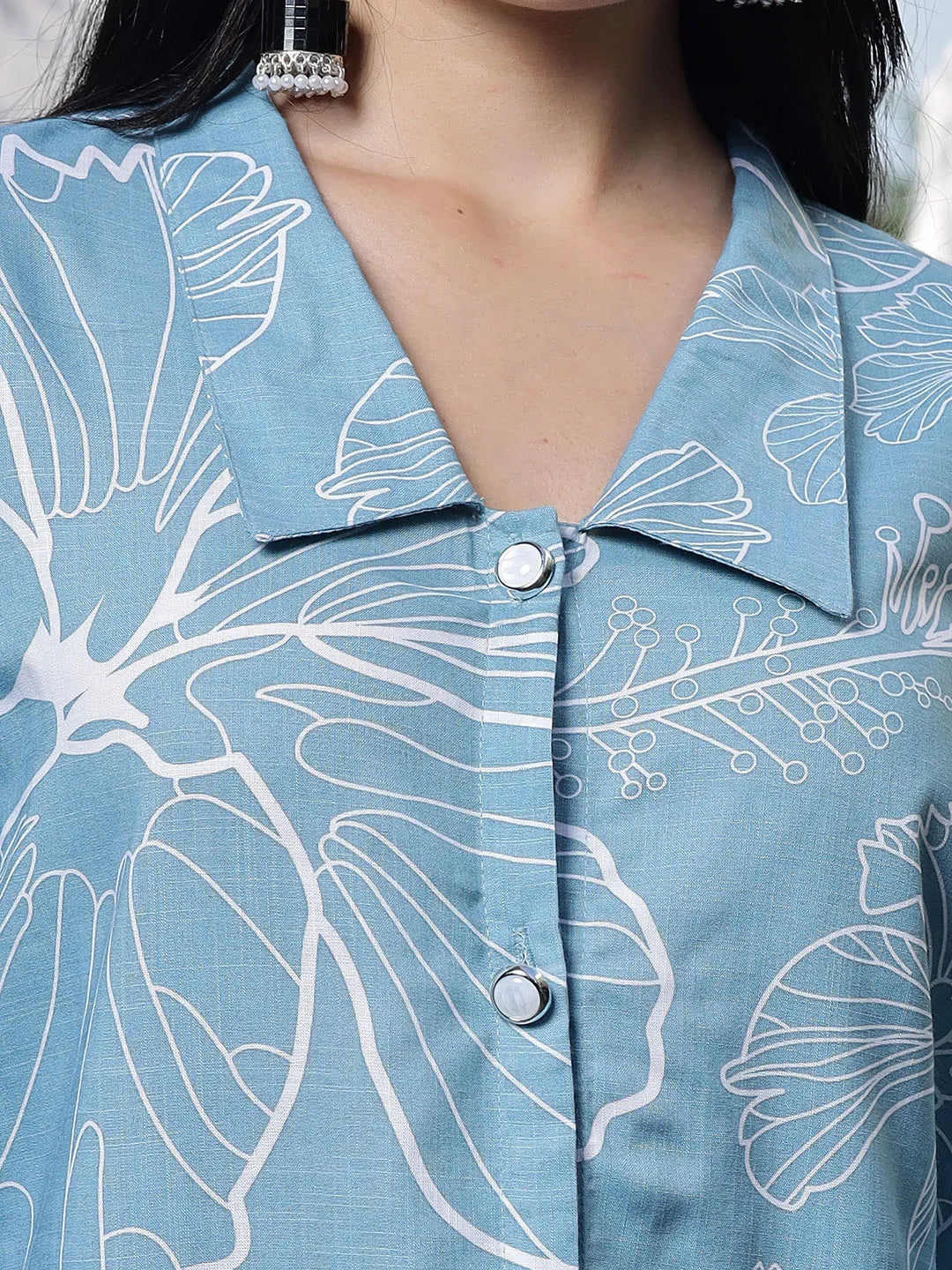 Yufta Sky Blue Cotton Linen Puff Sleeve Shirt Style Top