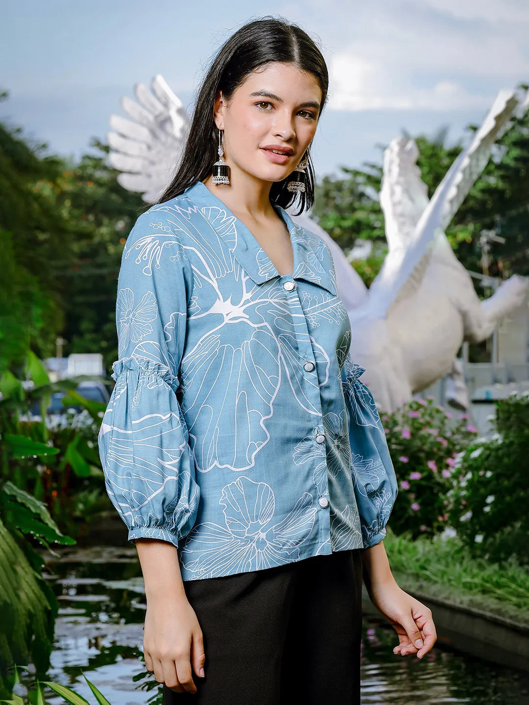 Yufta Sky Blue Cotton Linen Puff Sleeve Shirt Style Top
