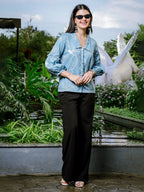 Yufta Sky Blue Cotton Linen Puff Sleeve Shirt Style Top