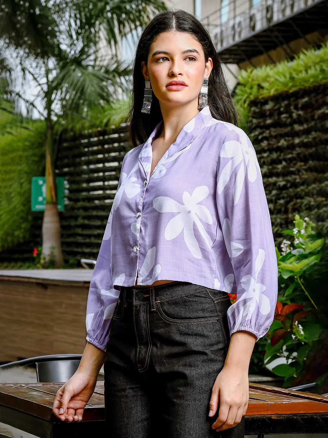 Yufta Lavender Cotton Linen Bishop Sleeve Formal Shirt Style Top