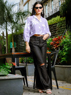 Yufta Lavender Cotton Linen Bishop Sleeve Formal Shirt Style Top