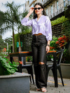 Yufta Lavender Cotton Linen Bishop Sleeve Formal Shirt Style Top