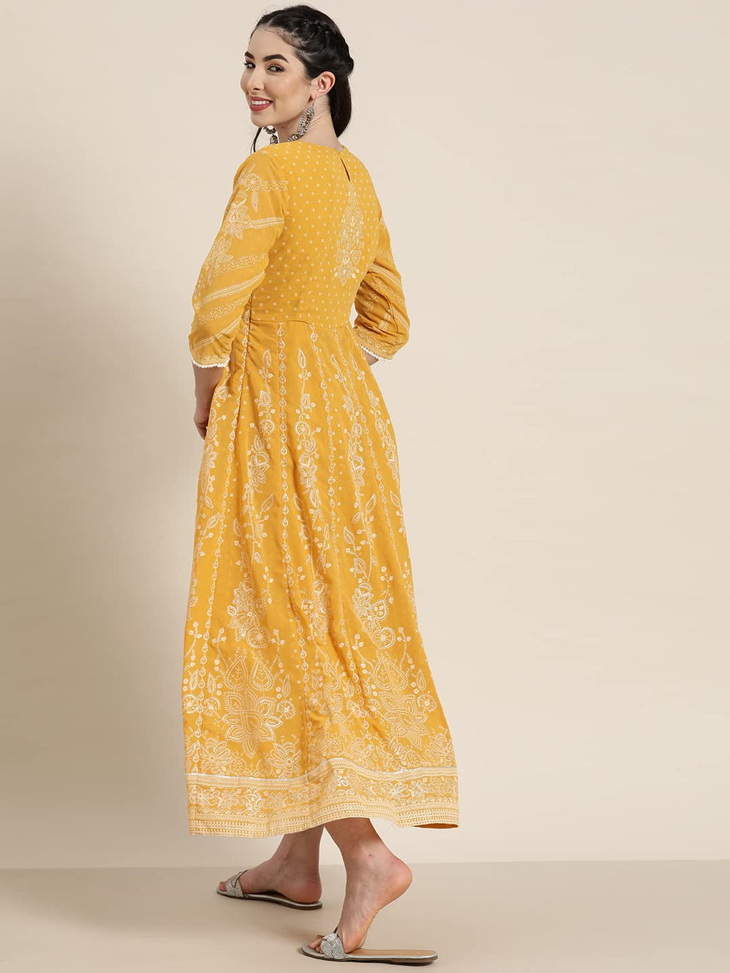 Juniper Women's Yellow Floral Printed Georgette Maxi Dress With Beads Kantha Work & Sequins At Neckline - Distacart